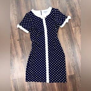 Blue & White Bow Polka Dot Retro Dress, women’s size 16